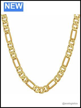 24k Real Gold Plated Figaro Chain Necklace 4.5mm 6mm Diamond Cut Men Women